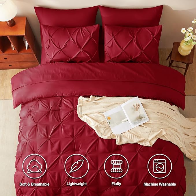 HIMEET Pintuck Bed in a Bag, 7 Pieces Full Size Comforter Set Dark Red - Image 2