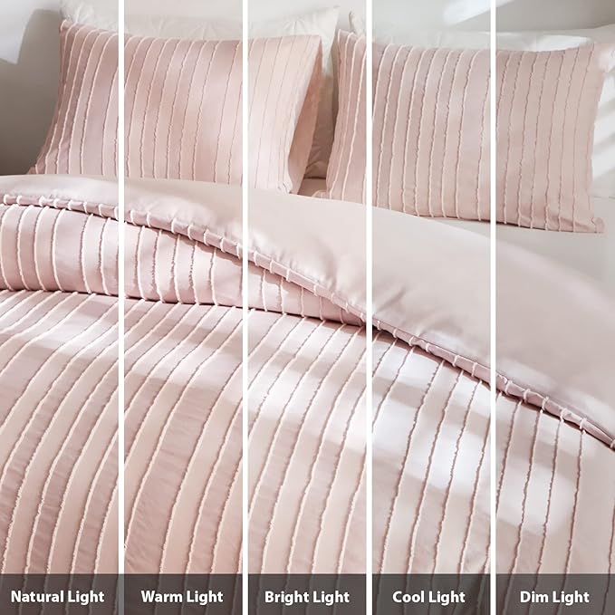 WARMDERN Pink Tufted Duvet Cover Set Queen Size, Striped Textured Duvet Cover - Image 8