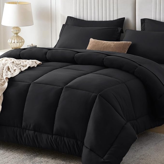 Sasttie King Size Comforter Set Black, 7 Pieces Bed in a Bag King, Complete by SASTTIE