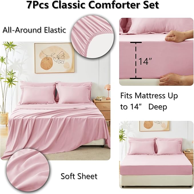 CozyLux Oversized Queen Comforter Set Pink, 7 Pieces Bed in a Bag Comforter Set - Image 5