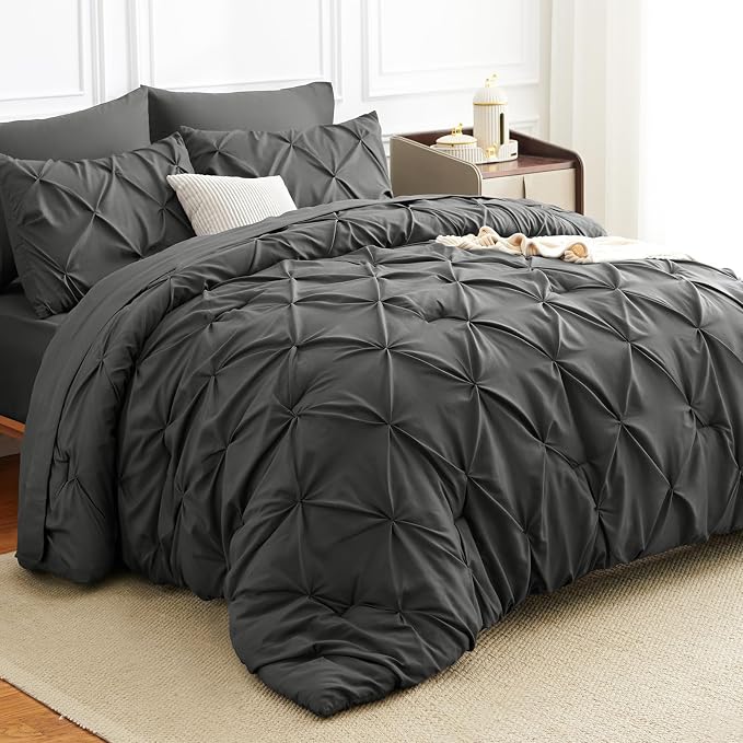 HIMEET Pintuck Bed in a Bag, 7 Pieces Full Size Comforter Set Dark Grey by Unknown
