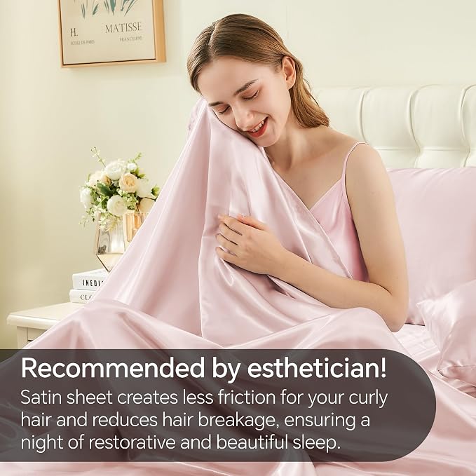 BEDELITE Satin Sheets Twin XL Size Bed Set, Luxury Soft Pink Silky Sheets - Image 4