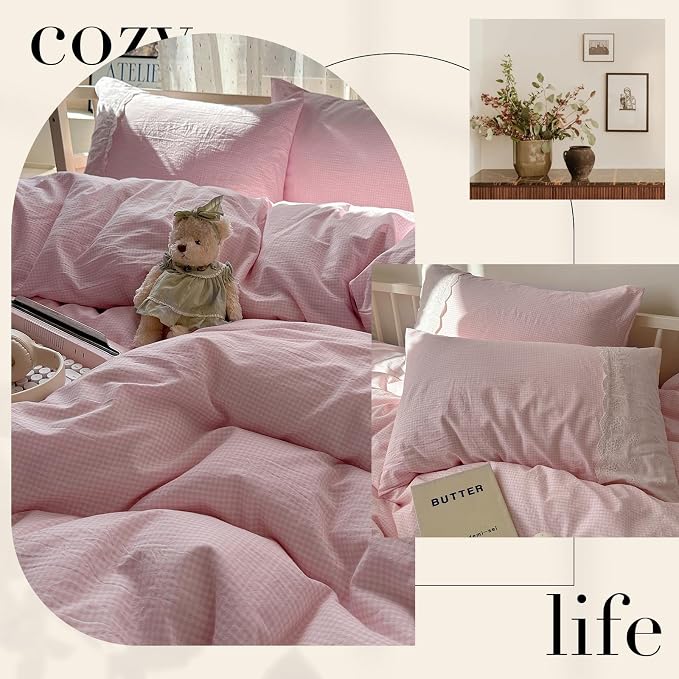 mixinni Pink Gingham Duvet Cover Twin Size - Image 5