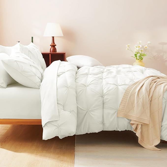 CozyLux Full Size Comforter Sets Ivory, 7 Pieces Pintuck Bed in A Bag Ivory - Image 6