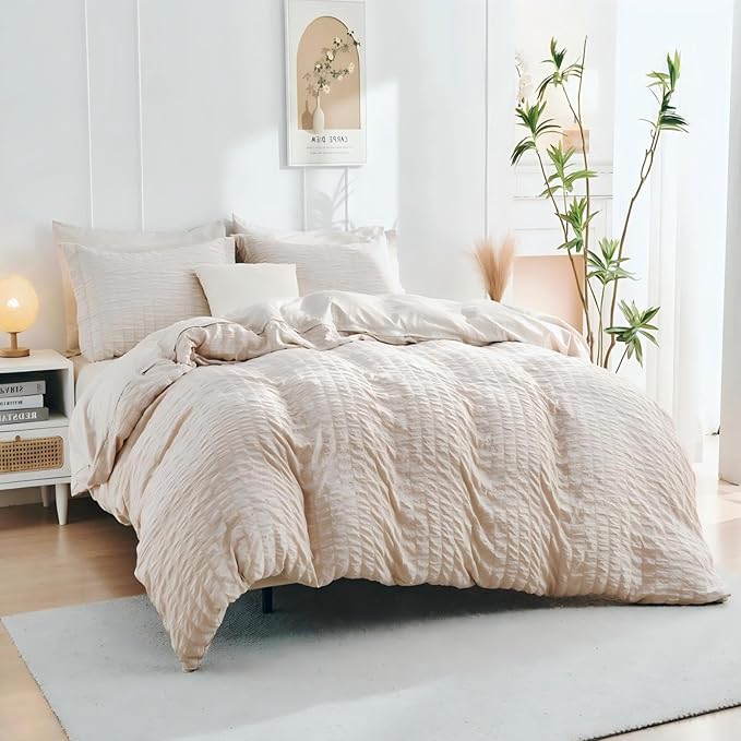 HYMOKEGE Beige Duvet Cover King Size, Ultra Soft 3-Piece Seersucker Duvet Cover - Image 5