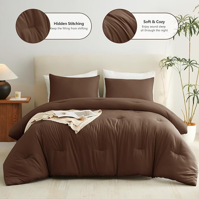 CozyLux Queen Comforter Set Brown, 3 Pieces Solid Comforters Queen Size - Image 2