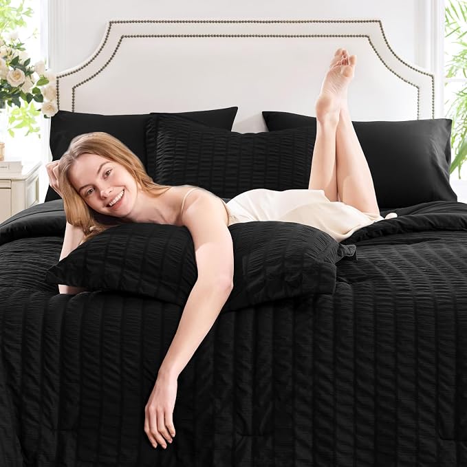 CozyLux Queen Comforter Set Black Seersucker 7 Pieces Bed in a Bag Queen - Image 3