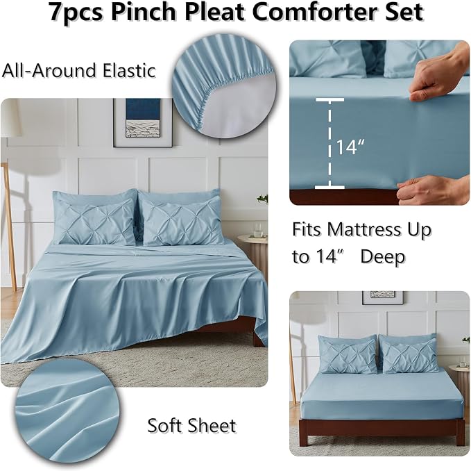 HIMEET Pintuck Bed in a Bag, 7 Pieces King Size Comforter Set Light Blue - Image 6