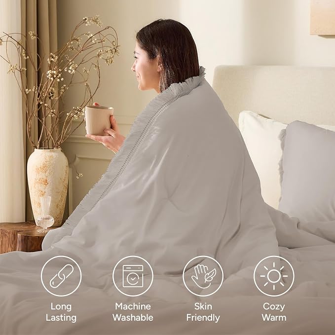 Andency Queen Comforter Set Heather Grey, 3 Pieces Boho Fall Tassel Lightweight - Image 3