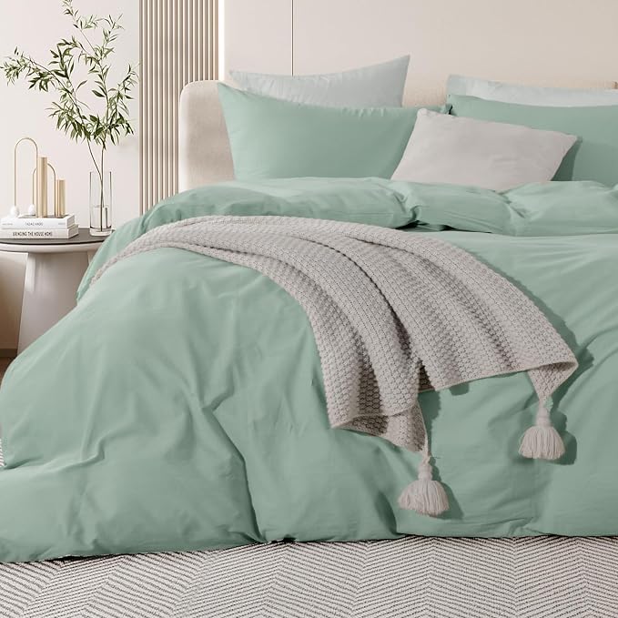 NEXHOME PRO Green Duvet Cover Set California King Linen Feel Textured Organic - Image 3