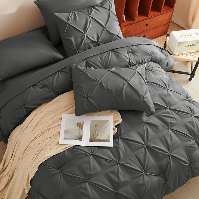 HIMEET Pintuck Bed in a Bag, 5 Pieces Twin XL Comforter Set Dark Grey, Extra - Image 4