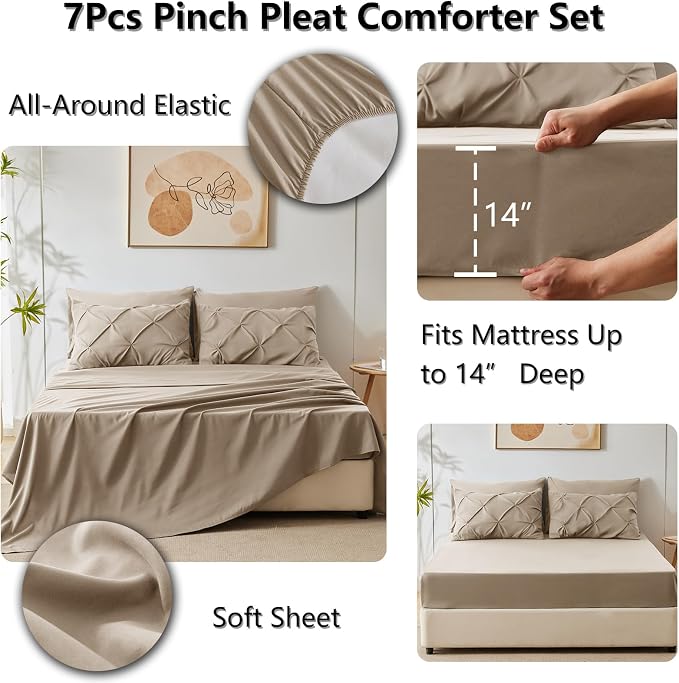 CozyLux Queen Comforter Set Khaki, 7 Pieces Pintuck Bed in A Bag, Premium Khaki - Image 4