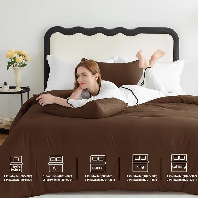 CozyLux Queen Comforter Set Brown, 3 Pieces Solid Comforters Queen Size - Image 6