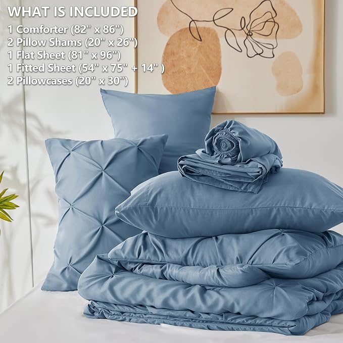 HIMEET Pintuck Bed in a Bag, 7 Pieces Full Size Comforter Set Grayish Blue - Image 8