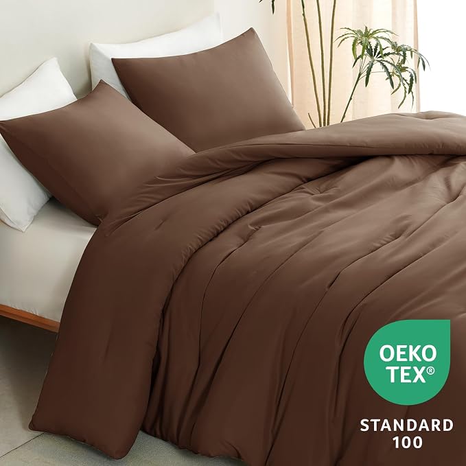 CozyLux King Size Comforter Set Brown, 3 Pieces Solid Comforters King Size - Image 4