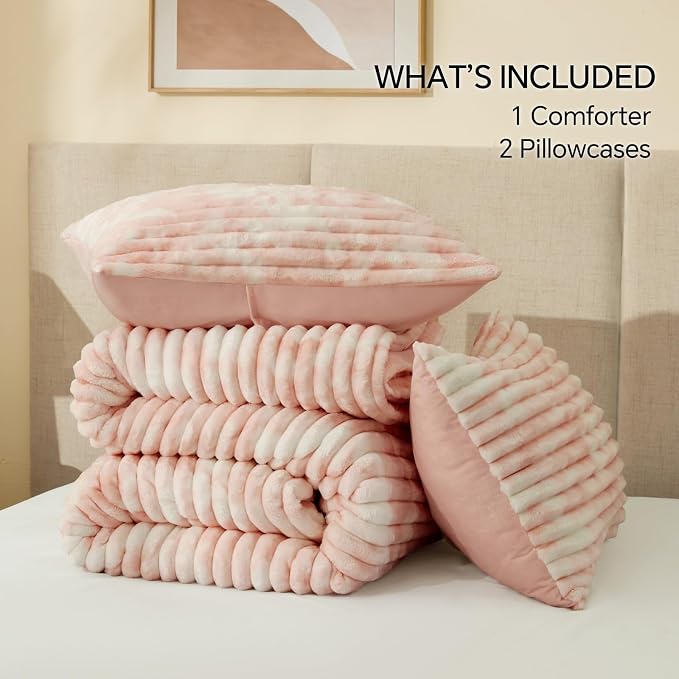 BEDELITE Fleece Full Comforter Set -Super Soft & Warm Fluffy Pink&White Bedding - Image 6
