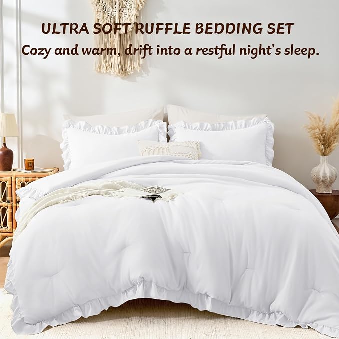 FUANNA Queen Comforter Set White 3 Pieces, Ruffle Shabby Chic Queen Bed Set - Image 5