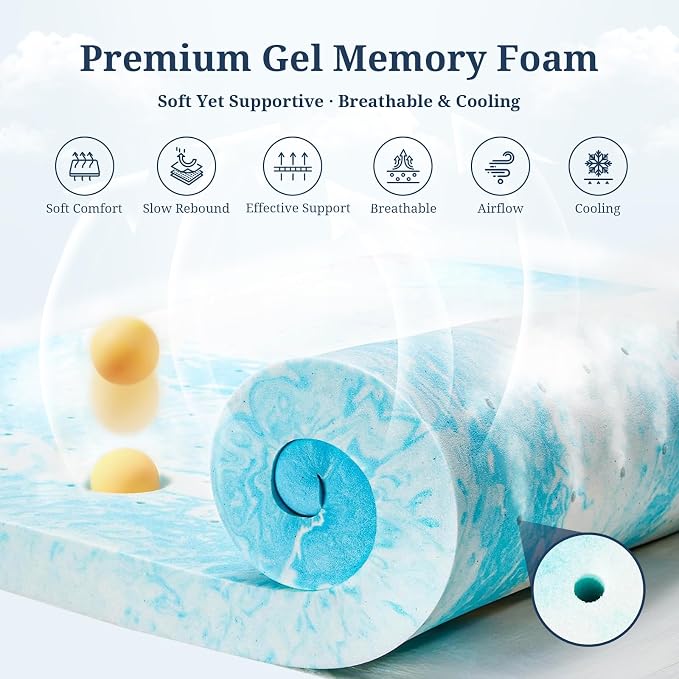 IULULU Queen Size Mattress Topper, 2 Inch Gel Memory Foam Topper, Light Comfort - Image 2