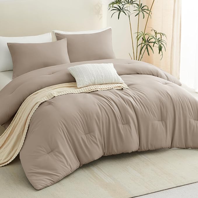 CozyLux King Size Comforter Set Khaki, 3 Pieces Solid Comforters King Size - Image 9