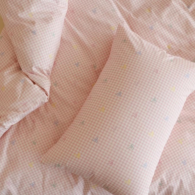 mixinni Gingham Duvet Cover Full Size, 100% Cotton Light Pink and White Gingham - Image 6