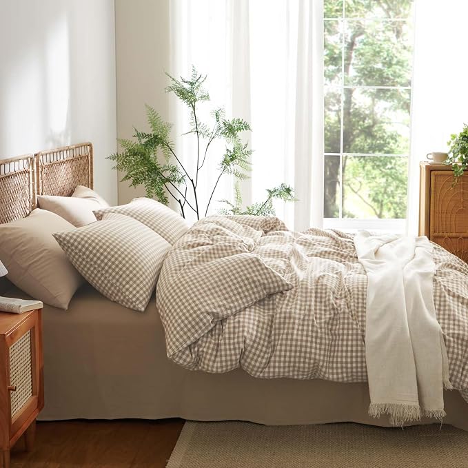 Nayoroom Gingham Duvet Cover King Size 100% Washed Cotton Brown Tan Plaid - Image 4