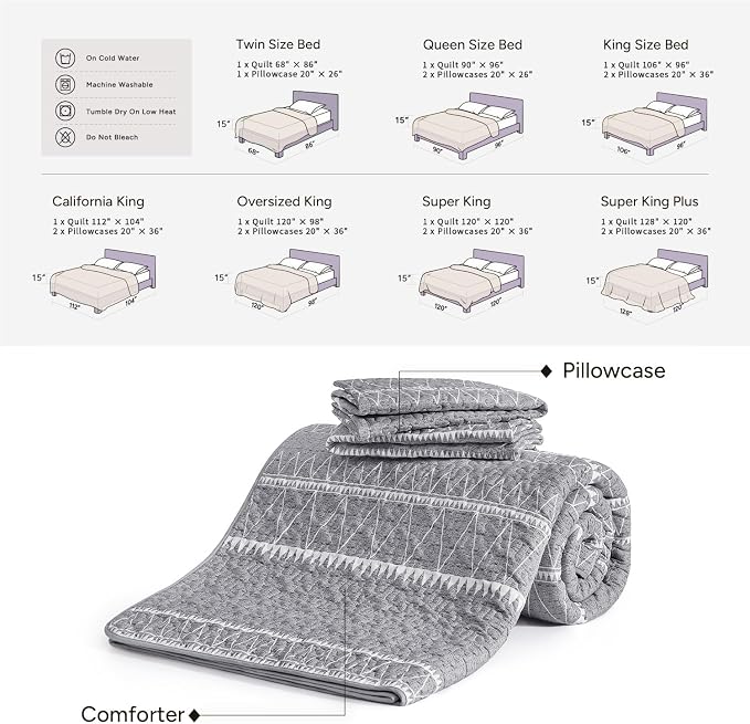 Andency King Size Quilt Set Grey, 3 Pieces Boho Lightweight Soft Striped - Image 6