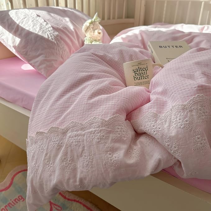 mixinni Pink Gingham Duvet Cover Twin Size - Image 3