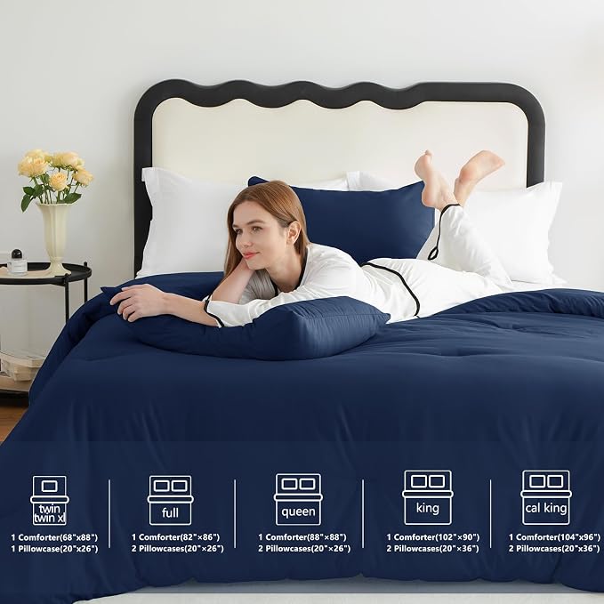 CozyLux Navy Blue King Size Comforter Set, 3 Pieces Solid Breathable Quilted - Image 6