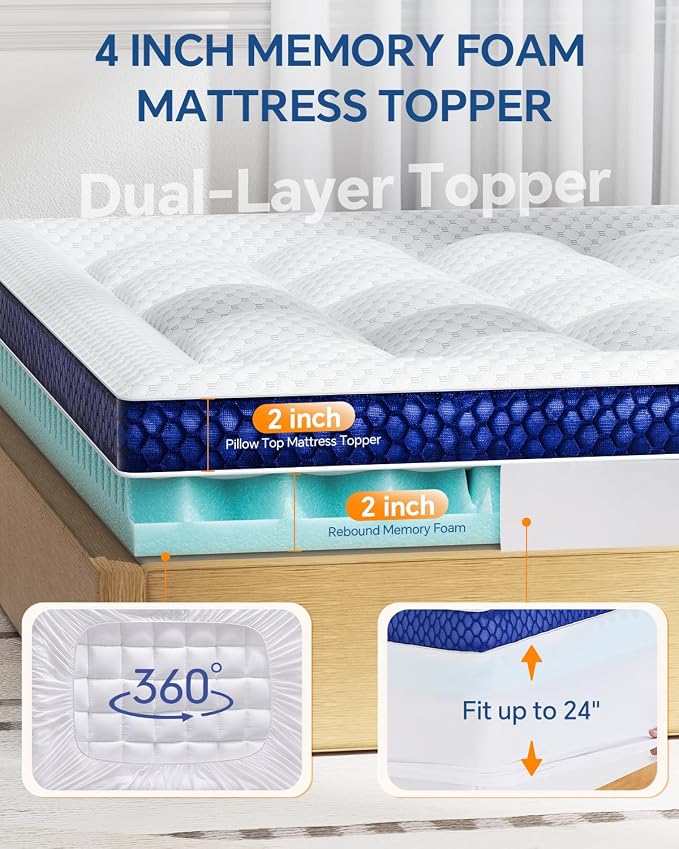 BEDELITE Full Mattress Topper Dual Layer 4 Inch Memory Foam Mattress Topper - Image 5