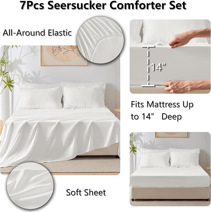 CozyLux Oversized Queen Comforter Set White Seersucker 7 Pieces 98x98 Bed in a - Image 5