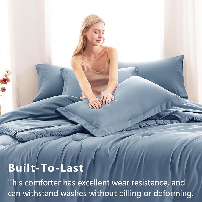 CozyLux California King Comforter Set Grayish Blue, 7 Pieces Cal King Dusty - Image 3