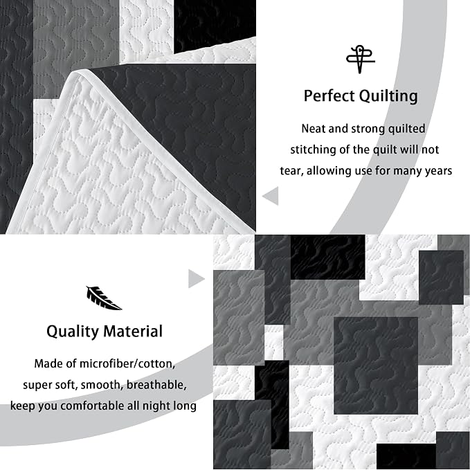 Tyrot 3 Piece Black Grey Quilt Set California King Size Black White Geometric - Image 4