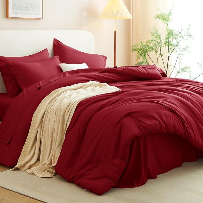 CozyLux Queen Comforter Set Dark Red, 7 Pieces Bed in a Bag Queen Comforter Set - Image 9