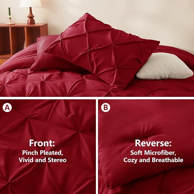 CozyLux Queen Comforter Set Dark Red, 7 Pieces Pintuck Bed in A Bag, Premium - Image 3