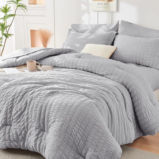 HYMOKEGE Light Grey Oversized King Comforter Set Seersucker 7 Pieces, All by HYMOKEGE