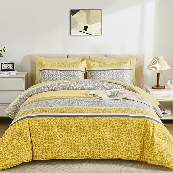 WONGS BEDDING Yellow Comforter Set Queen Size, 7 Pieces Striped Bed in a Bag - Image 2
