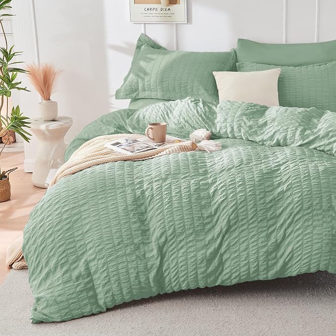 HYMOKEGE Sage Green Duvet Cover Full Size, Ultra Soft 3-Piece Seersucker Duvet by HYMOKEGE