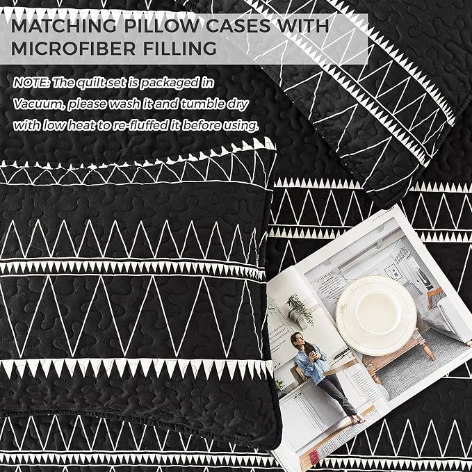Andency Black Oversized King Quilt Set, 3 Pieces Boho Lightweight Soft Striped - Image 6
