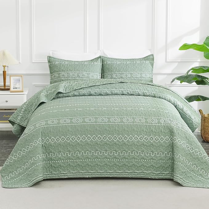 Andency Sage Green Quilts Queen Size, 3 Pieces Queen Quilt Bedding Set Boho by Andency
