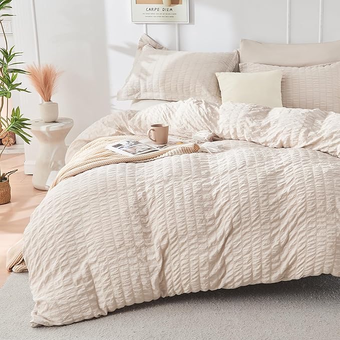 HYMOKEGE Beige Queen Comforter Set Seersucker 7 Pieces, All Season Luxury Bed - Image 3