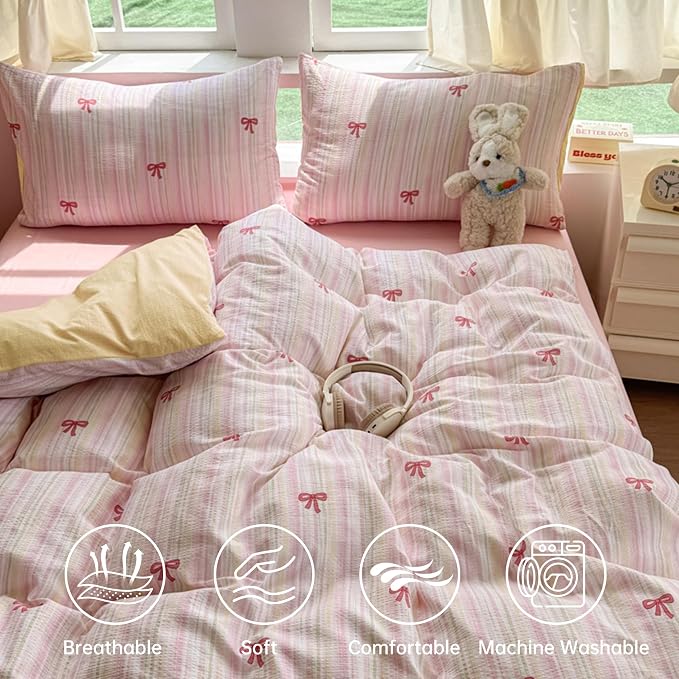 BOLINLIVING Pink Bow Duvet Cover Full Size, Girls Kids Cute Striped Bowknot - Image 3