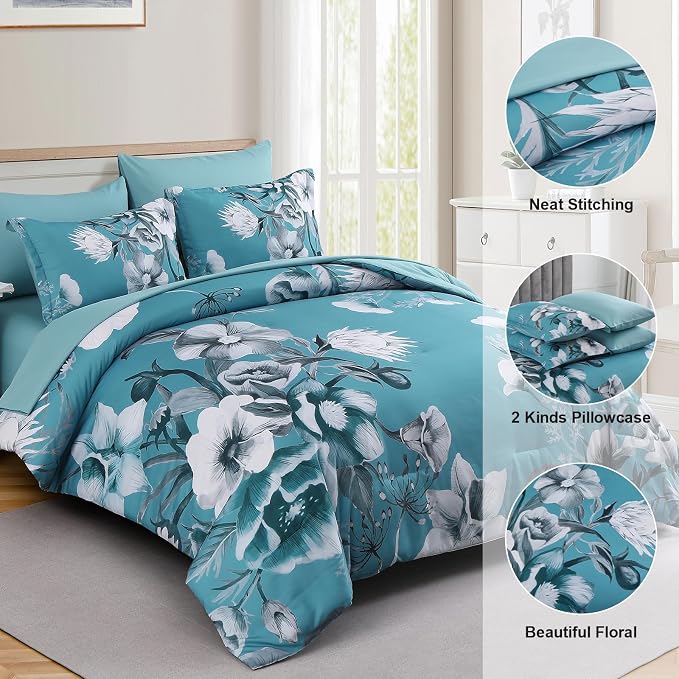 Luxudecor Floral Comforter Set King Size 7 Piece, Teal Blue Flower Bed in a Bag - Image 6