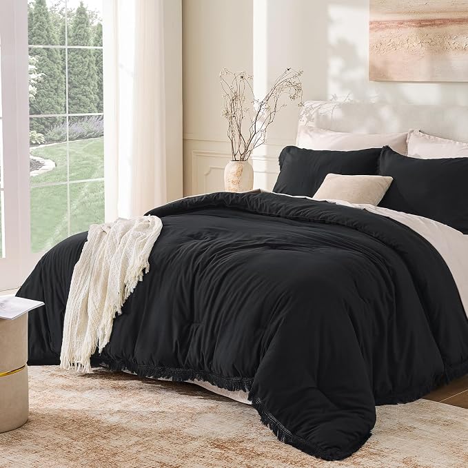 Andency Black Comforter Set Full Size, 3 Pieces Boho Tassel Lightweight Bedding by Andency