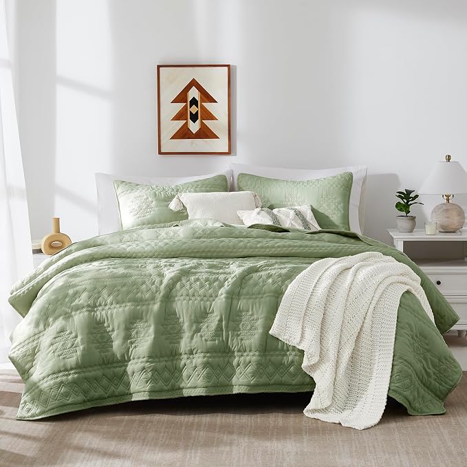 WDCOZY Boho Sage Green Quilt King Size Bedding Sets by WDCOZY