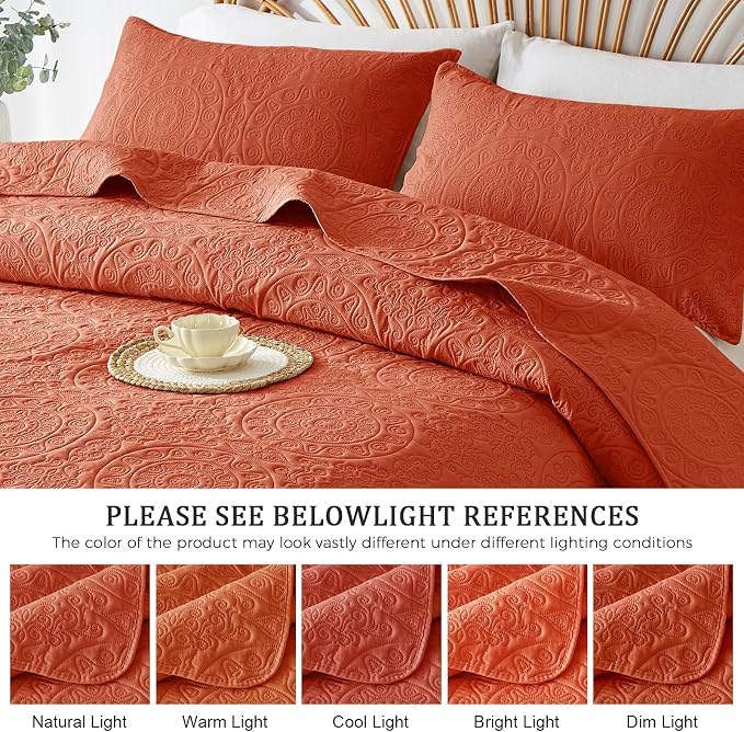 WURUIBO Burnt Orange Quilt Set Twin Size, Embossing Microfiber Bedspreads - Image 6