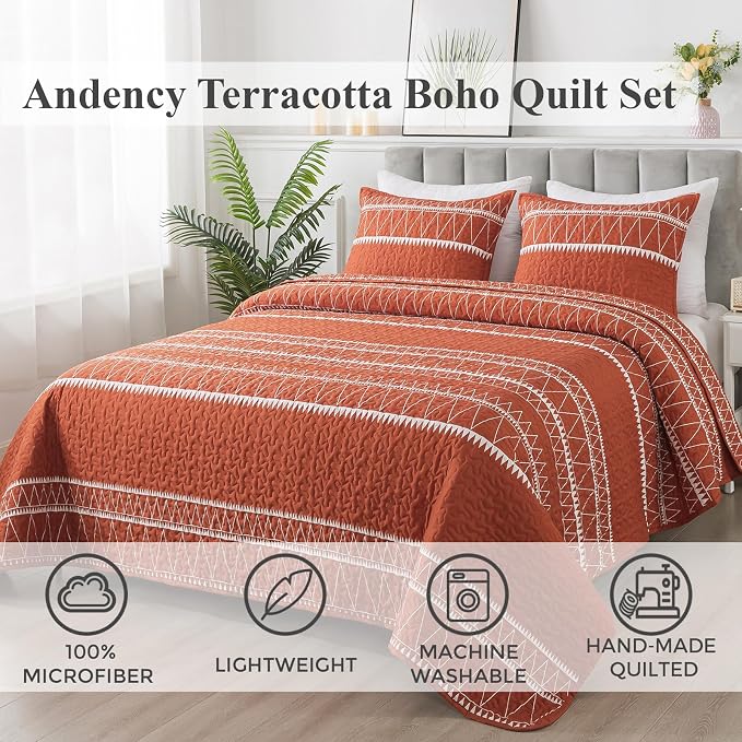 Andency Terracotta Oversized Super King Quilt Set, 3 Pieces Boho Lightweight - Image 2