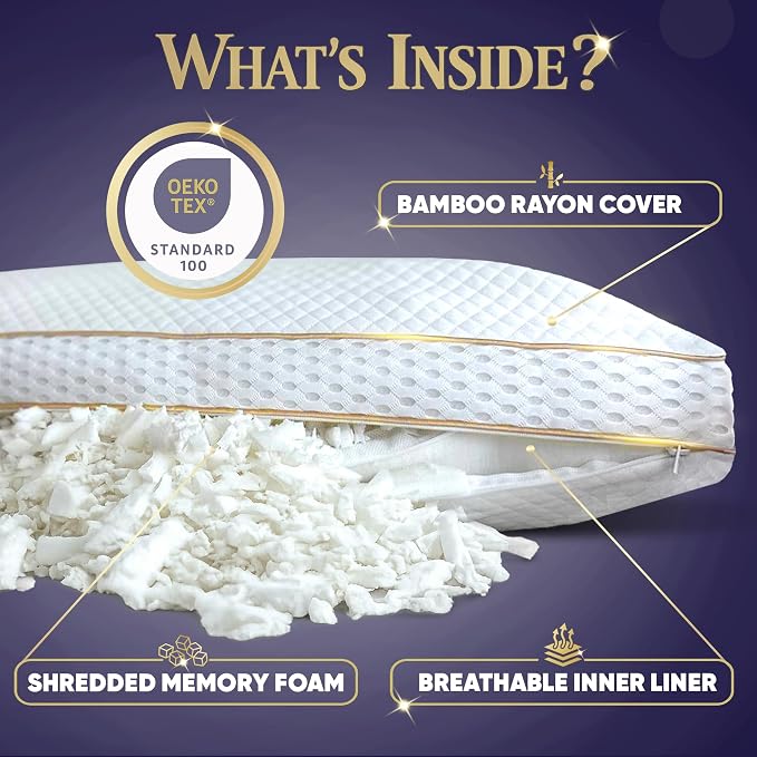 Royal Therapy Queen 2-Pack Memory Foam Pillow, Adjustable Shredded Odor-Free - Image 2