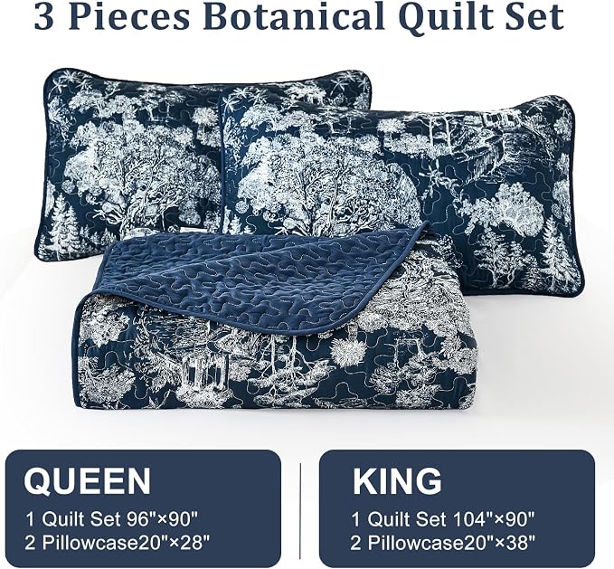 WONGS BEDDING Quilt Set Queen Size, 3 Pieces Navy Blue Floral Plants Printed - Image 7
