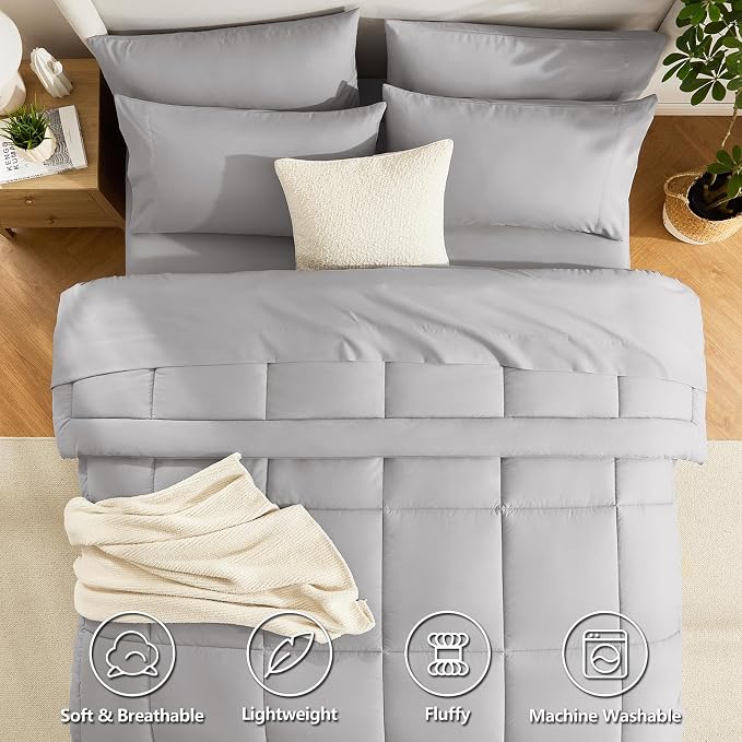 CozyLux Queen Comforter Set French Grey, 7 Pieces Bed in a Bag, All Season - Image 2