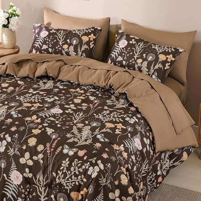 Yiran Brown Comforter Set King Size, 7 Piece Floral Comforter Bedding Set - Image 5